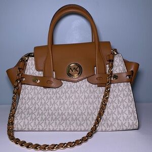 Michael Kors Brown and Cream Satchel with Gold Chain Detail